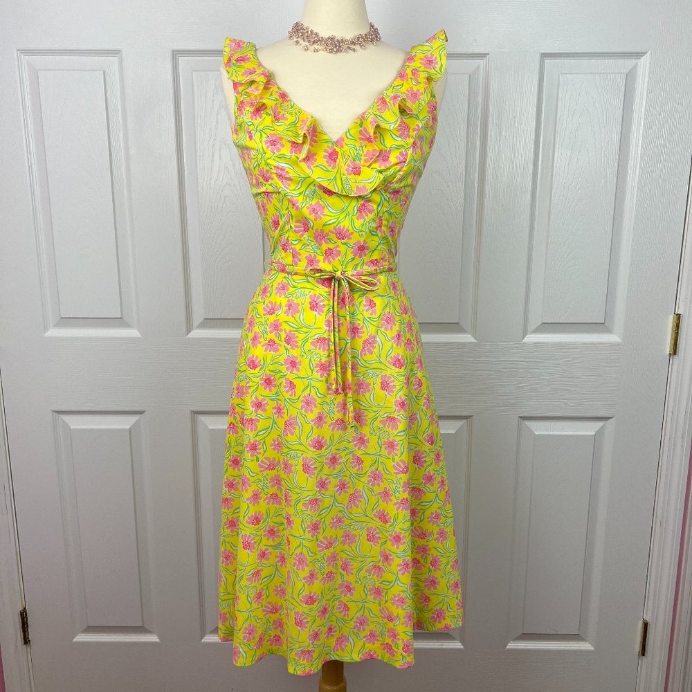 "The Lilly" Lilly Pulitzer Pink & Yellow Floral Dress with Belt Vintage Size 8